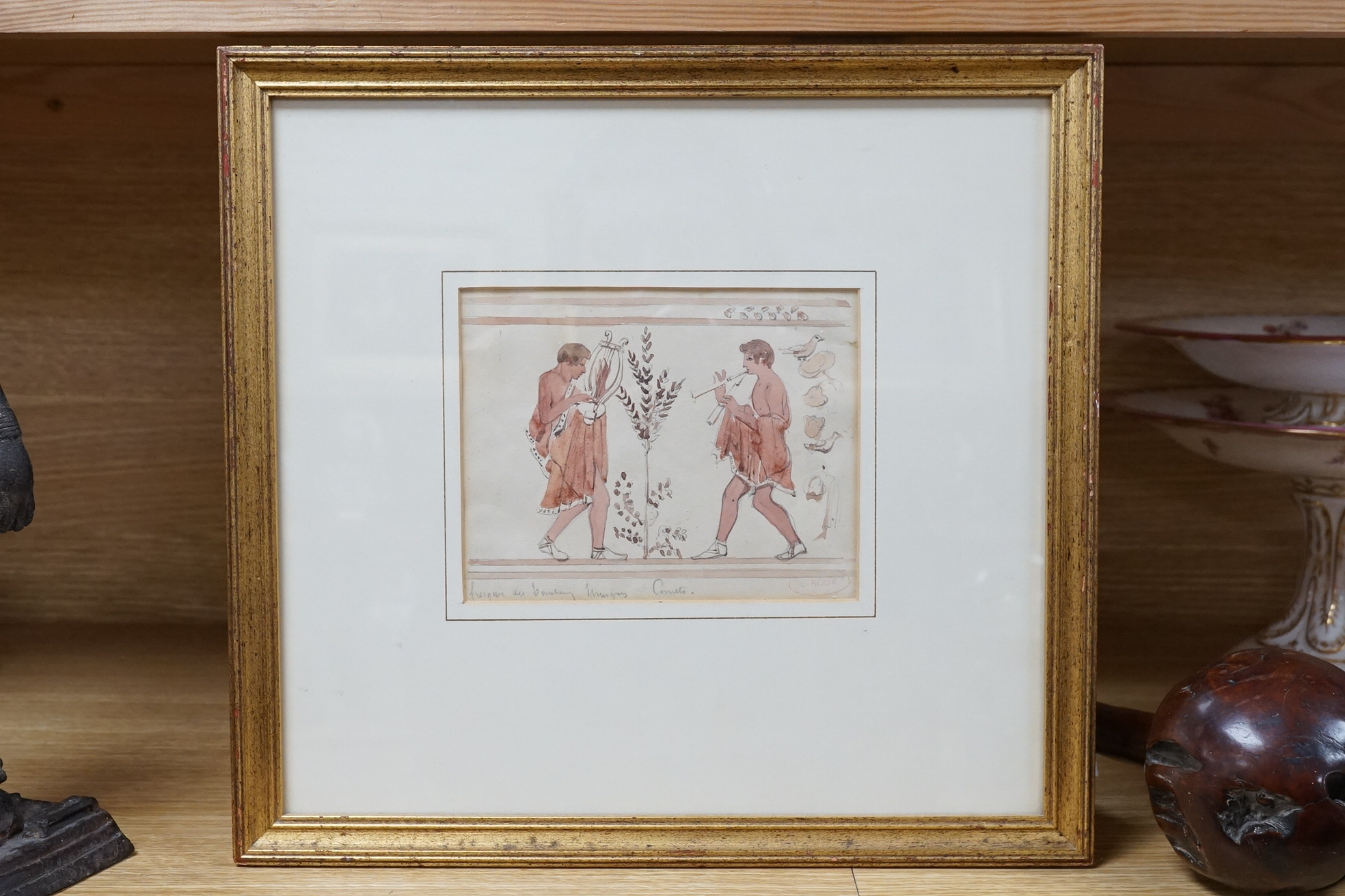 Emile Roux (1822-1915), watercolour, Classical figures playing instruments, inscribed in pencil with artist's studio stamp, Abbott & Holder gallery label verso, 12 x 15cm. Condition - fair to good